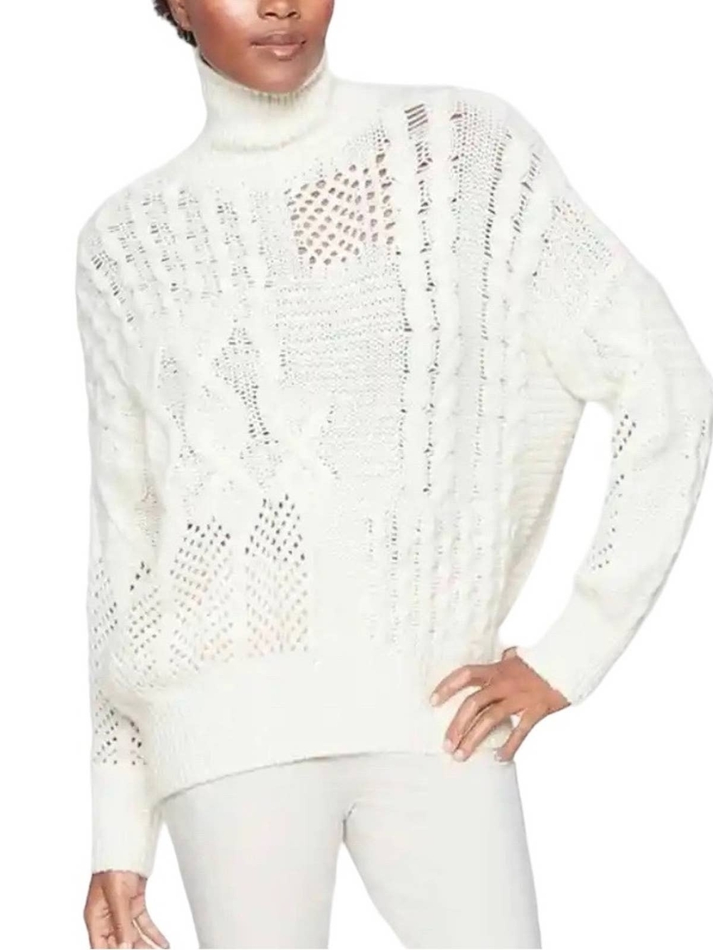Athleta Ivory Open-Knit Turtleneck Sweater
